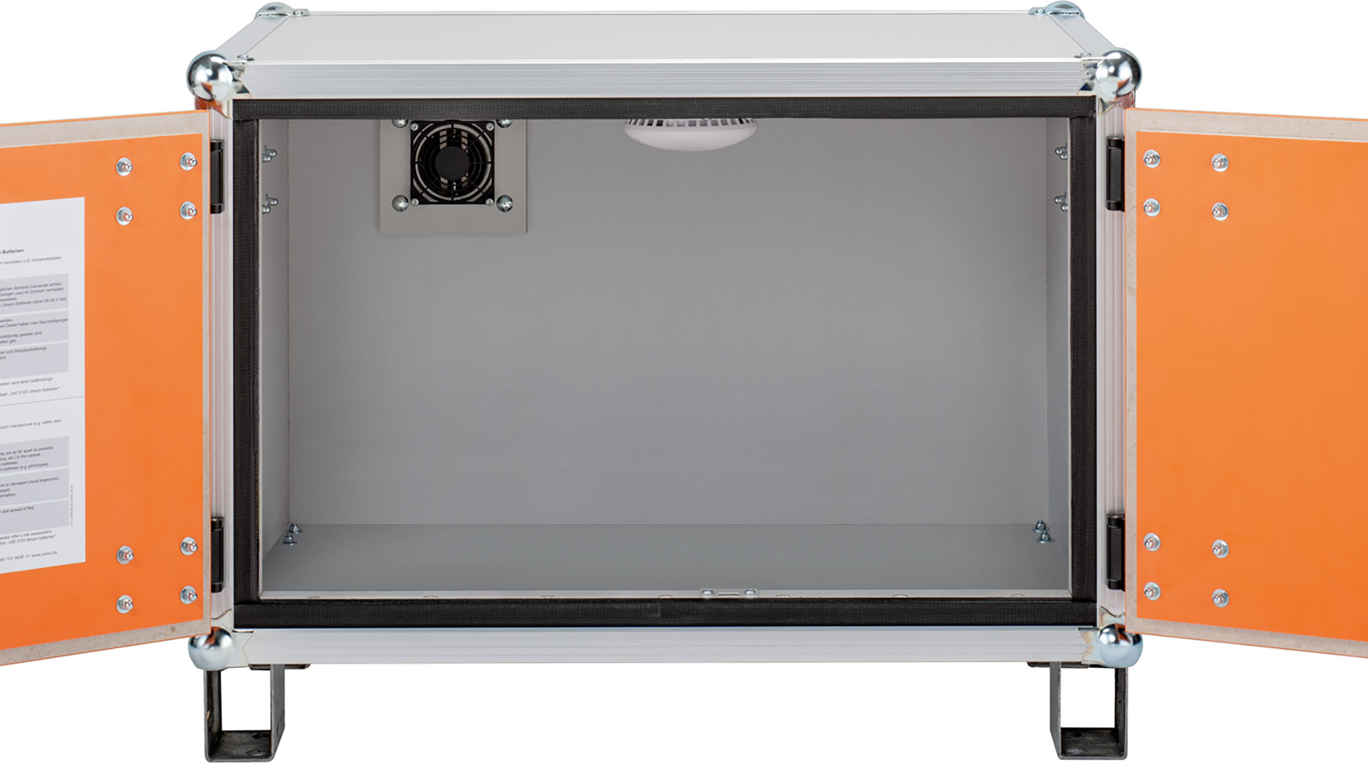 Sicherheitsschrank, Akku-Lagerschrank, Rauchmelder, BxTxH 800x660x620 mm, Tür orange, mit Stapelfüßen, Korpus grau