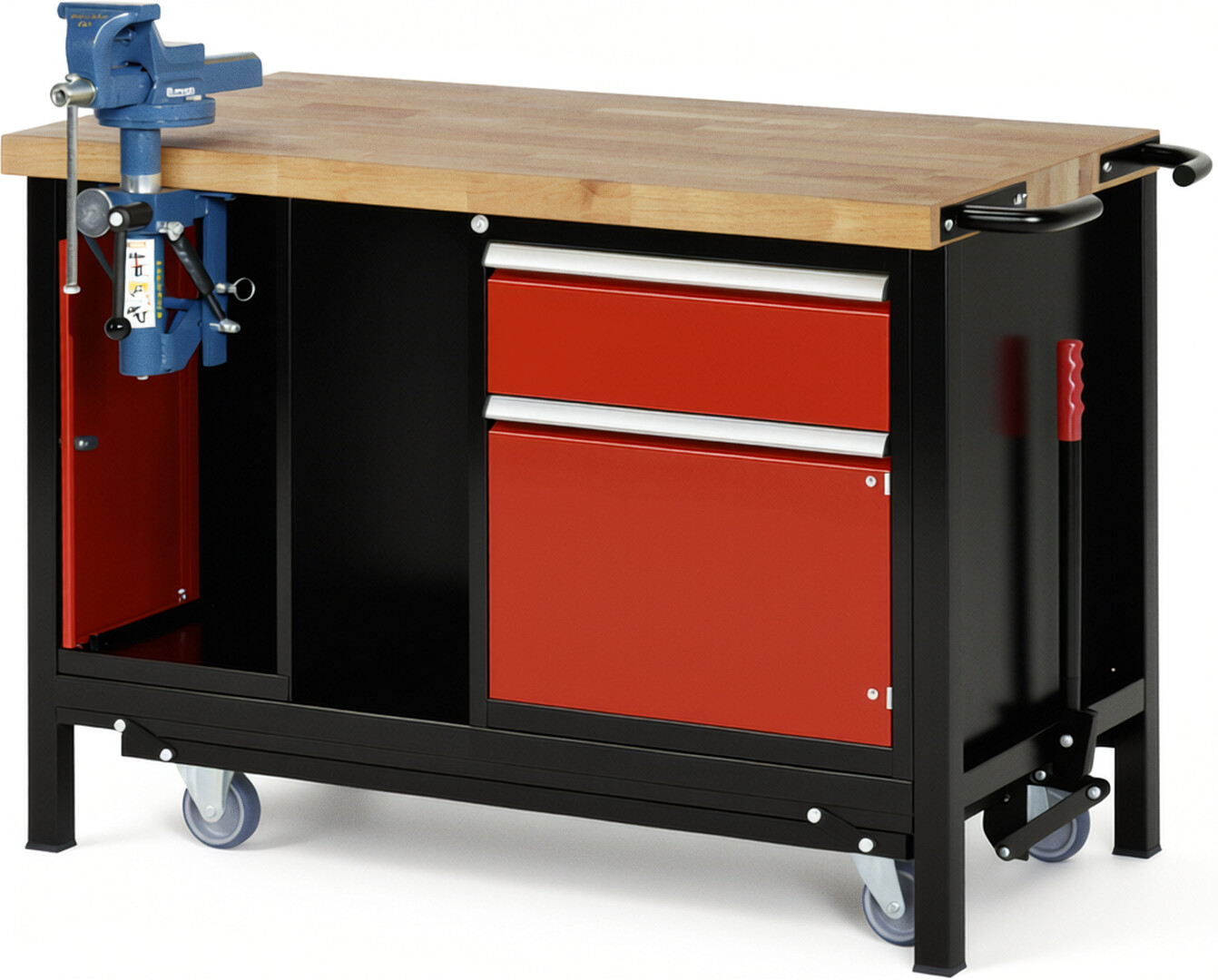 RAU Werkbank schwarz - rot - Breite 125 cm - Tiefe 70 cm - Höhe 88 cm - Buche-Massiv Arbeitsplatte 40 mm