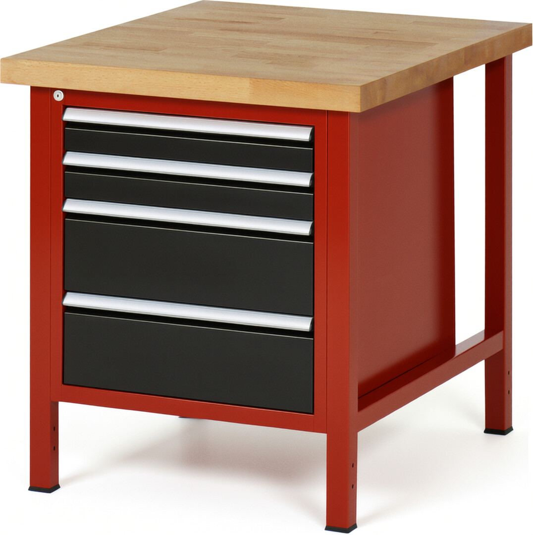 RAU Werkbank rot - schwarz - Breite 75 cm - Tiefe 90 cm - Höhe 104 cm - Buche-Massiv Arbeitsplatte 40 mm