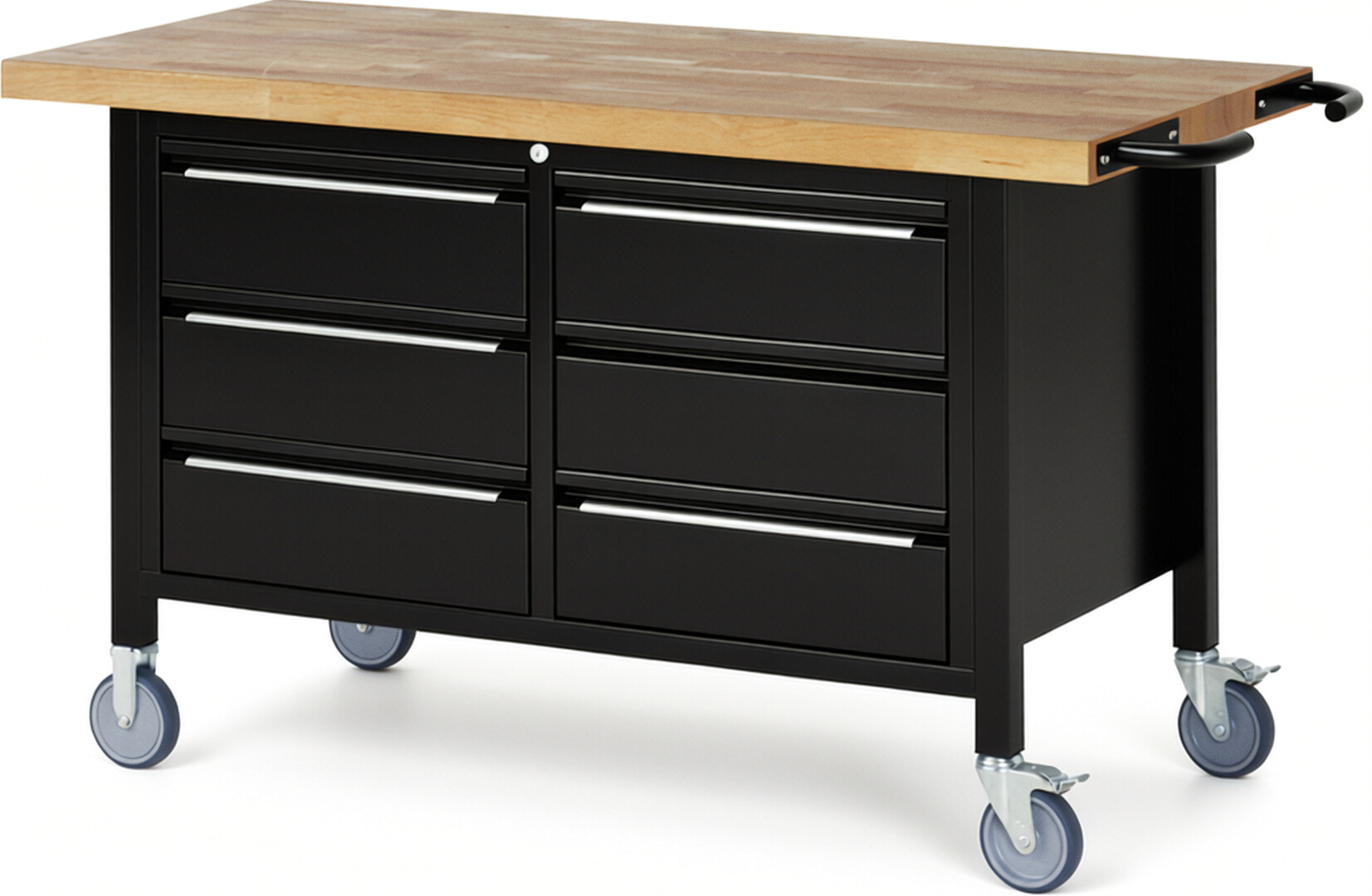 Fahrbare Werkbank - Modell 8473 BASIC schwarz, BxTxH 1500x700x880 mm,  Buche-Massiv Arbeitsplatte 40 mm,  6 Schubladen mit  Auszug 90 %