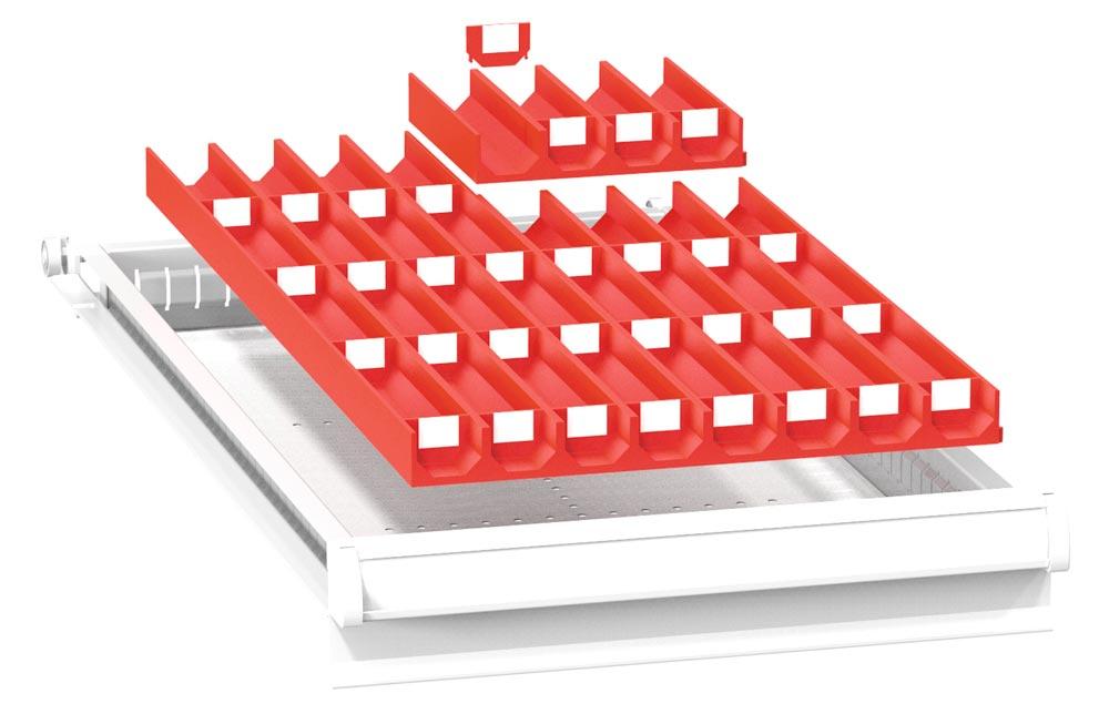 Einteilungsmaterial-Set aus Kunst., 28 x 4-teilige Mulden, 153x153x28 mm, 56 Trenneinsätze, Muldenbreite 33 mm, passend für Schublade BxT 1190x780 mm