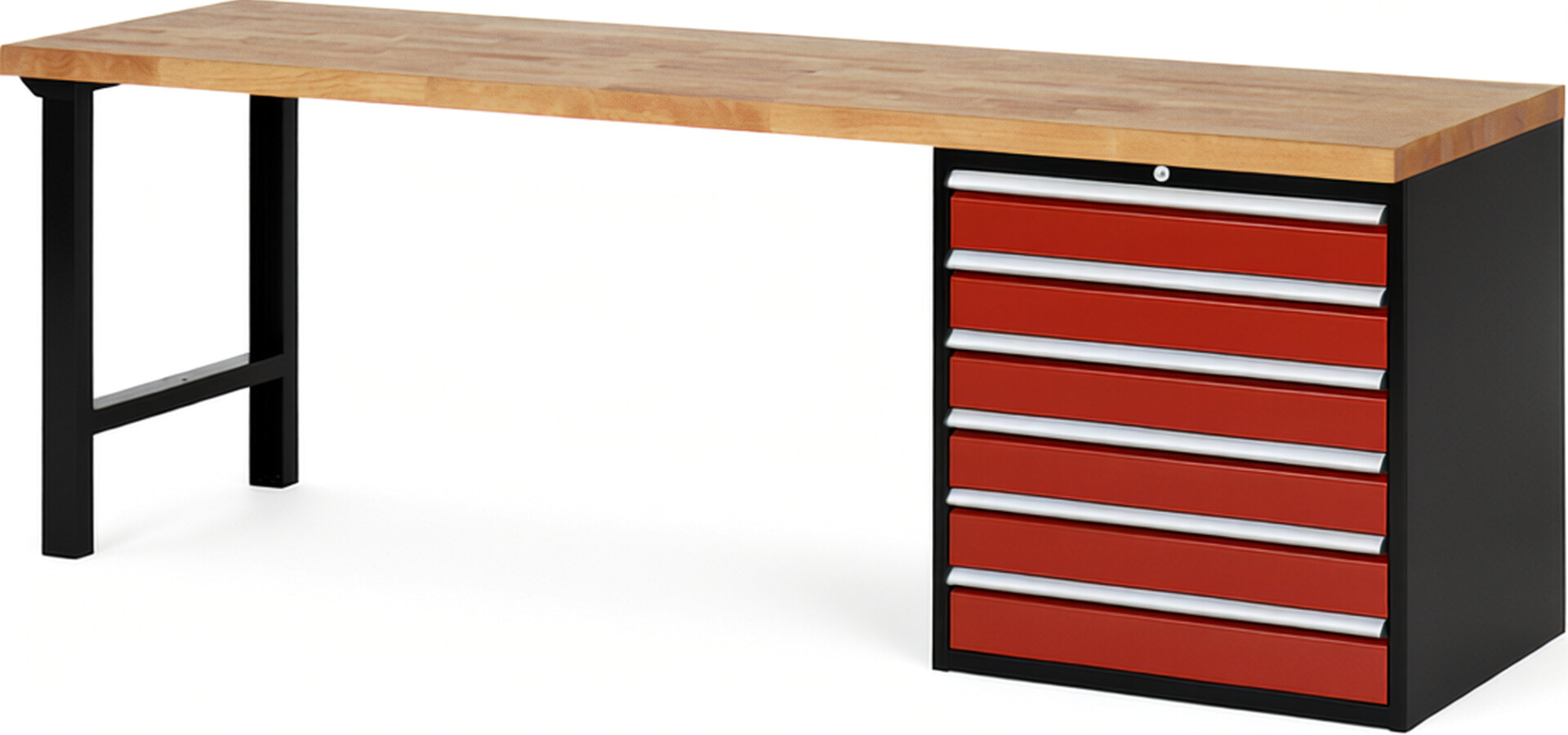 RAU Werkbank schwarz - rot - Breite 250 cm - Tiefe 70 cm - Höhe 89 cm - Buche-Massiv Arbeitsplatte 40 mm