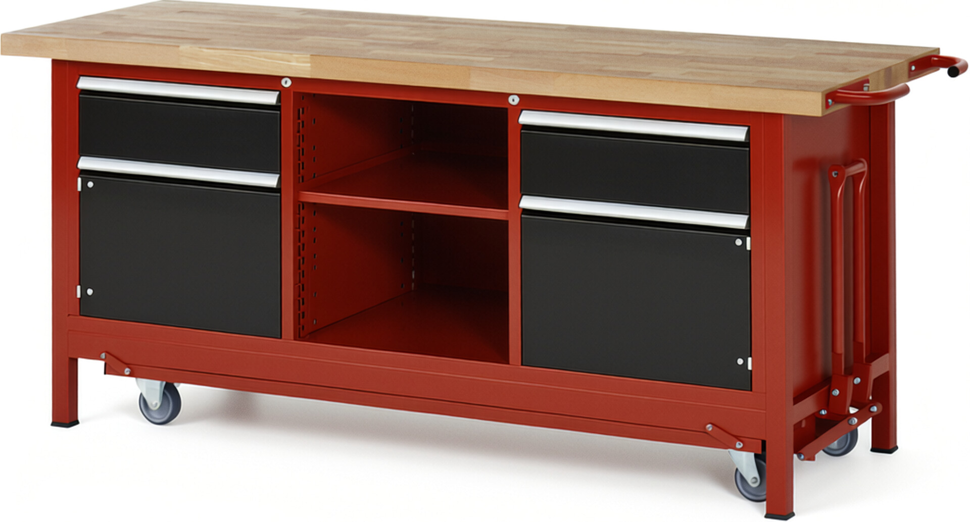 Absenkbare Werkbank Modell 8561 rot - schwarz, BxTxH 2000x700x880 mm,  Buche-Massiv Arbeitsplatte 40 mm,  2 Schubladen mit  Auszug 90 %