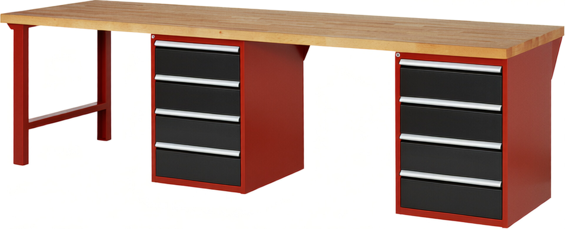 Werkbank Modell 7509 rot - schwarz, BxTxH 3000x900x840 mm,  Buche-Massiv Arbeitsplatte 40 mm,  8 Schubladen mit  Auszug 90 %