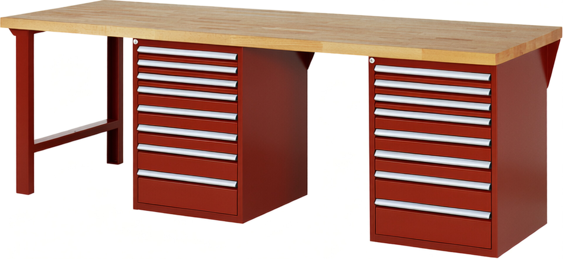 Werkbank Modell 7519 rot, BxTxH 2500x900x840 mm,  Buche-Massiv Arbeitsplatte 40 mm,  16 Schubladen mit  Auszug 90 %