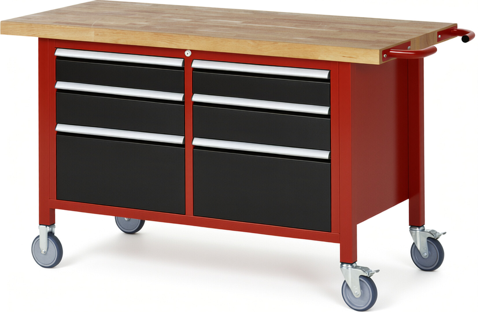 Fahrbare Werkbank Modell 8475 rot - schwarz, BxTxH 1500x700x880 mm,  Buche-Massiv Arbeitsplatte 40 mm,  6 Schubladen mit  Auszug 90 %