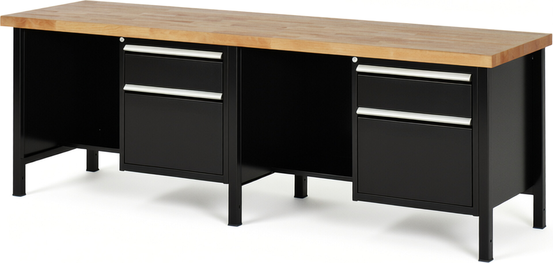 Werkbank Modell 8451 schwarz, BxTxH 2500x700x840 mm,  Buche-Massiv Arbeitsplatte 40 mm,  4 Schubladen mit  Auszug 90 %