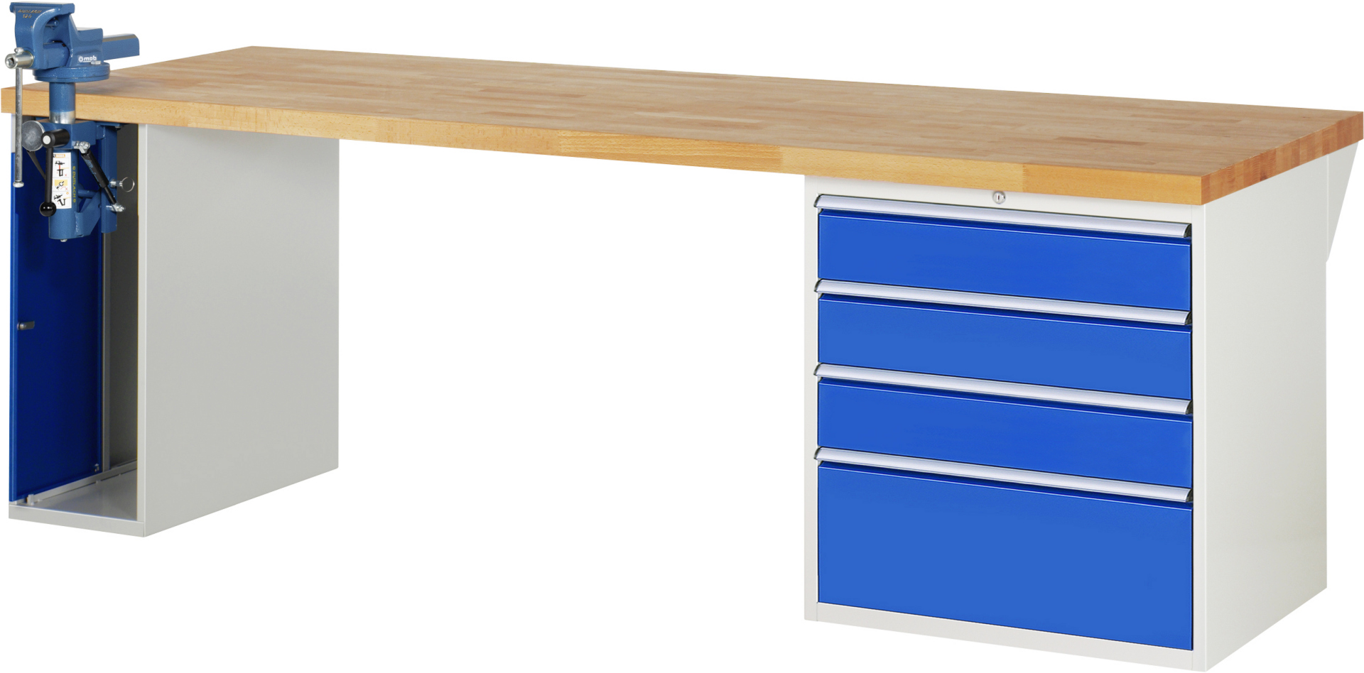 Werkbank Modell 7610 rot - schwarz, BxTxH 2500x900x840 mm,  Buche-Massiv Arbeitsplatte 40 mm,  4 Schubladen mit  Vollauszug 100 % und  SoftClosing