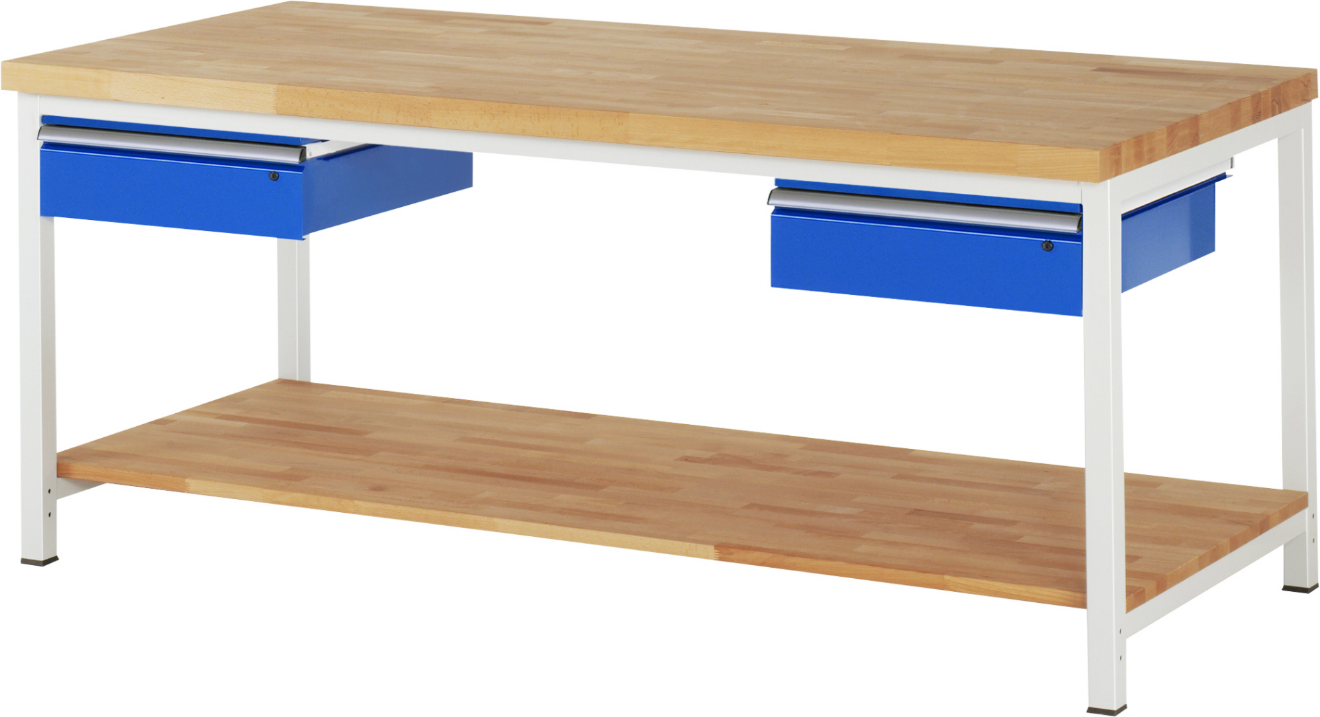 Werkbank Modell 8002,  BxTxH 2000x900x840-1040 mm,  Buche-Massiv Arbeitsplatte 40 mm,  2 Schubladen mit  Auszug 90 %