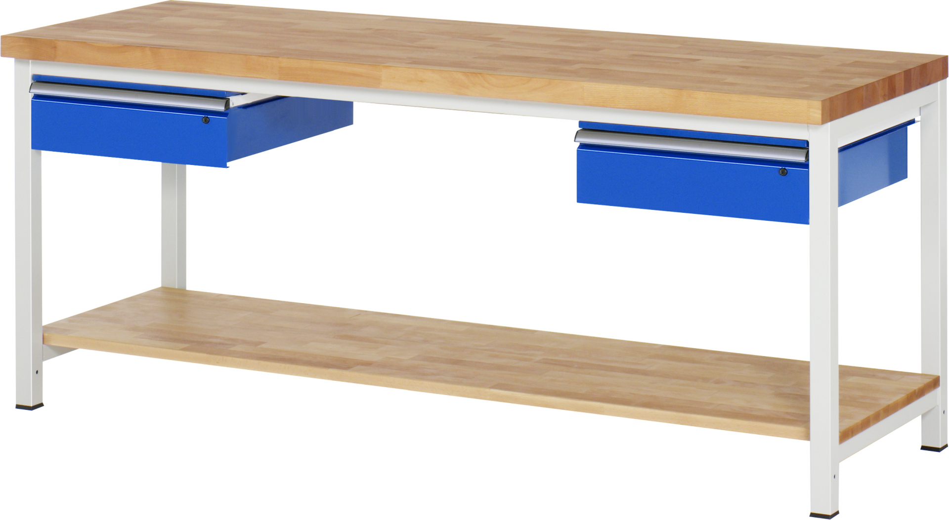 Werkbank Modell 8002,  BxTxH 2000x700x840-1040 mm,  Buche-Massiv Arbeitsplatte 40 mm,  2 Schubladen mit  Auszug 90 %