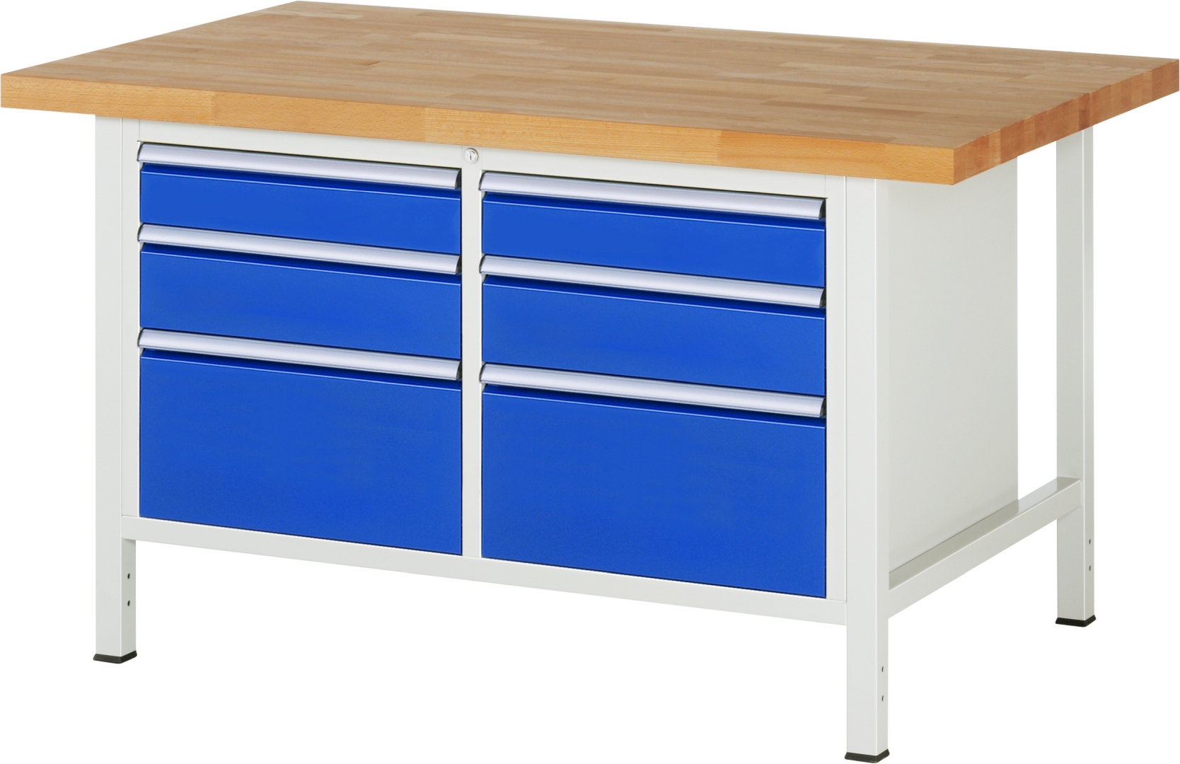 Werkbank Modell 8475 schwarz, BxTxH 1500x900x840 mm,  Buche-Massiv Arbeitsplatte 40 mm,  6 Schubladen mit  Vollauszug 100 % und  SoftClosing