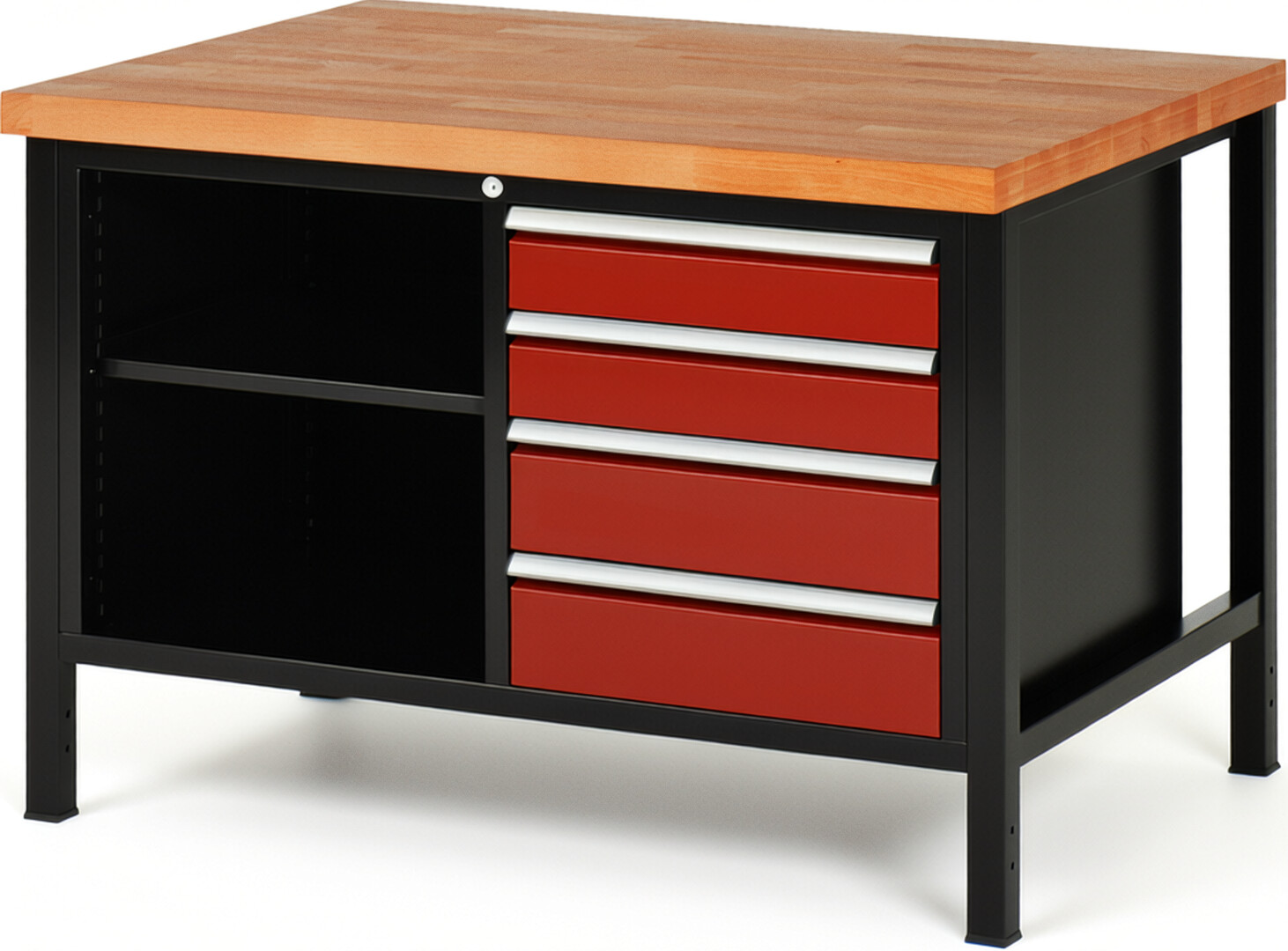 RAU Werkbank schwarz - rot - Breite 125 cm - Tiefe 90 cm - Höhe 104 cm - Buche-Massiv Arbeitsplatte 40 mm