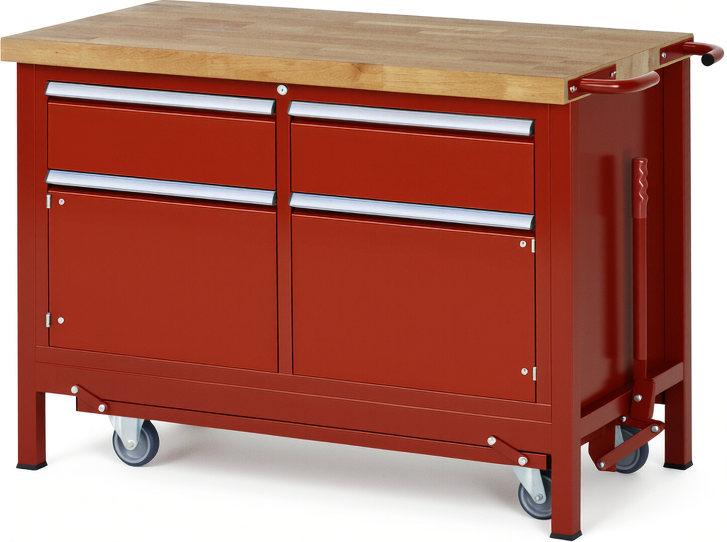 Absenkbare Werkbank Modell 8466 rot, BxTxH 1250x700x880 mm,  Buche-Massiv Arbeitsplatte 40 mm,  2 Schubladen mit  Vollauszug 100 % und  SoftClosing