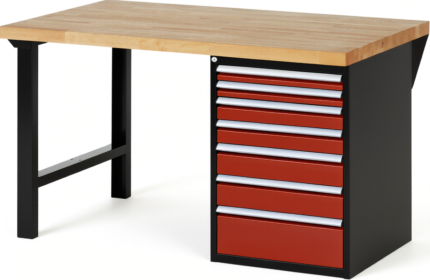 RAU Werkbank schwarz - rot - Breite 150 cm - Tiefe 90 cm - Höhe 84 cm - Buche-Massiv Arbeitsplatte 40 mm