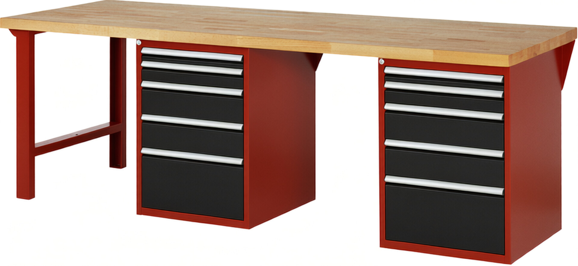 Werkbank Modell 7511 rot - schwarz, BxTxH 2500x900x890 mm,  Buche-Massiv Arbeitsplatte 40 mm,  10 Schubladen mit  Vollauszug 100 % und  SoftClosing