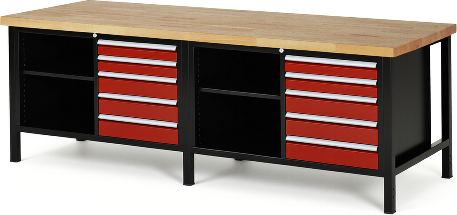 RAU Werkbank schwarz - rot - Breite 250 cm - Tiefe 90 cm - Höhe 104 cm - Buche-Massiv Arbeitsplatte 40 mm