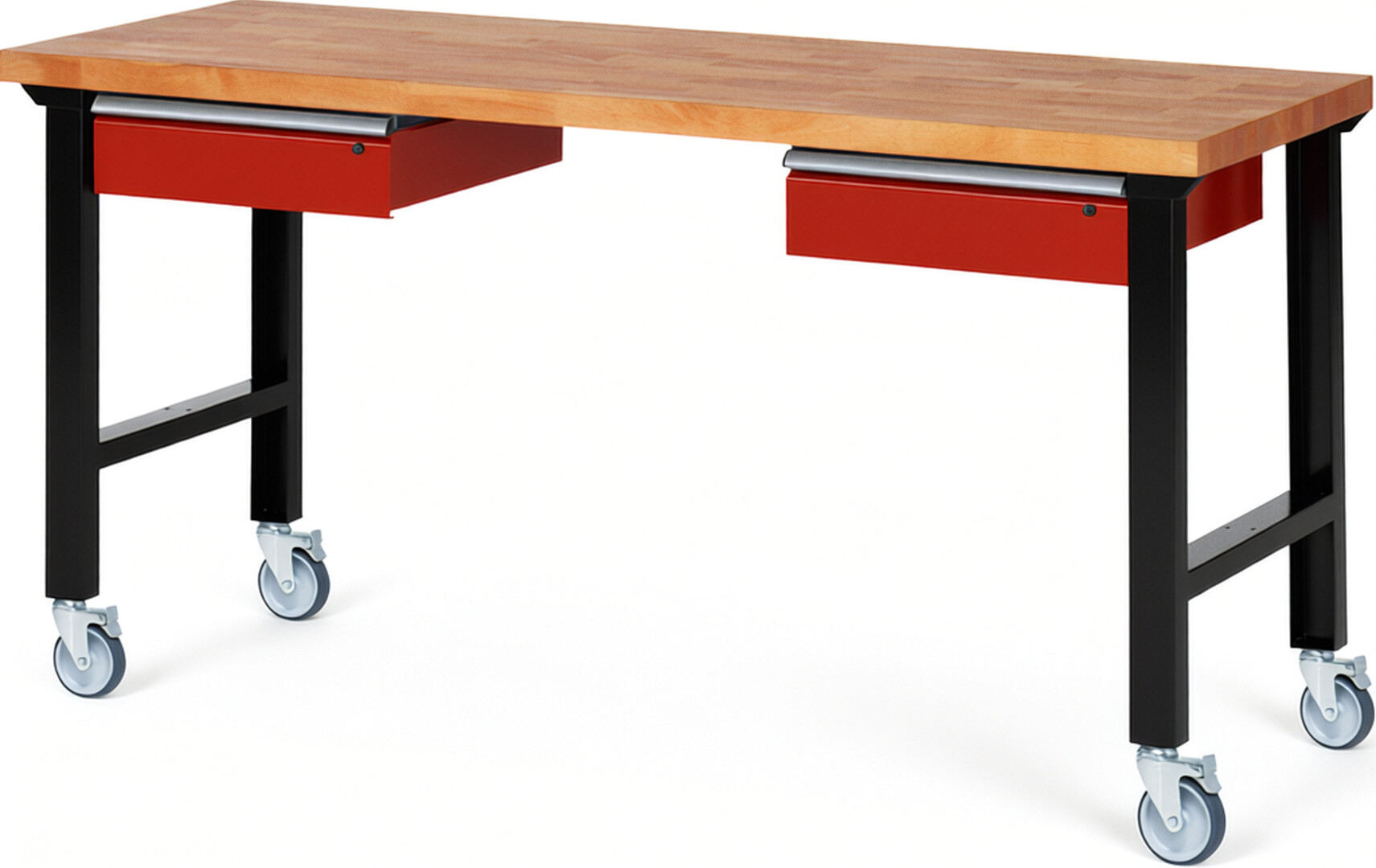 Fahrbare Werkbank Modell 7002 schwarz-rot, BxTxH 2000x700x1000 mm,  Buche-Massiv Arbeitsplatte 40 mm,  2 Schubladen mit  Auszug 90 %