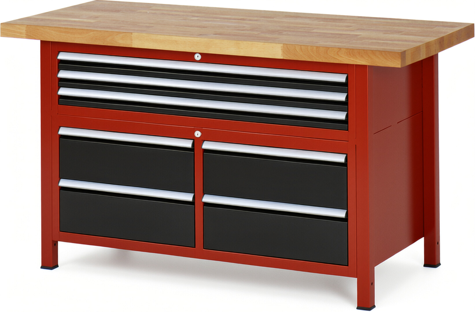 Werkbank Modell 8924 rot - schwarz, BxTxH 1500x700x840-1040 mm,  Buche-Massiv Arbeitsplatte 40 mm,  7 Schubladen mit  Auszug 90 %