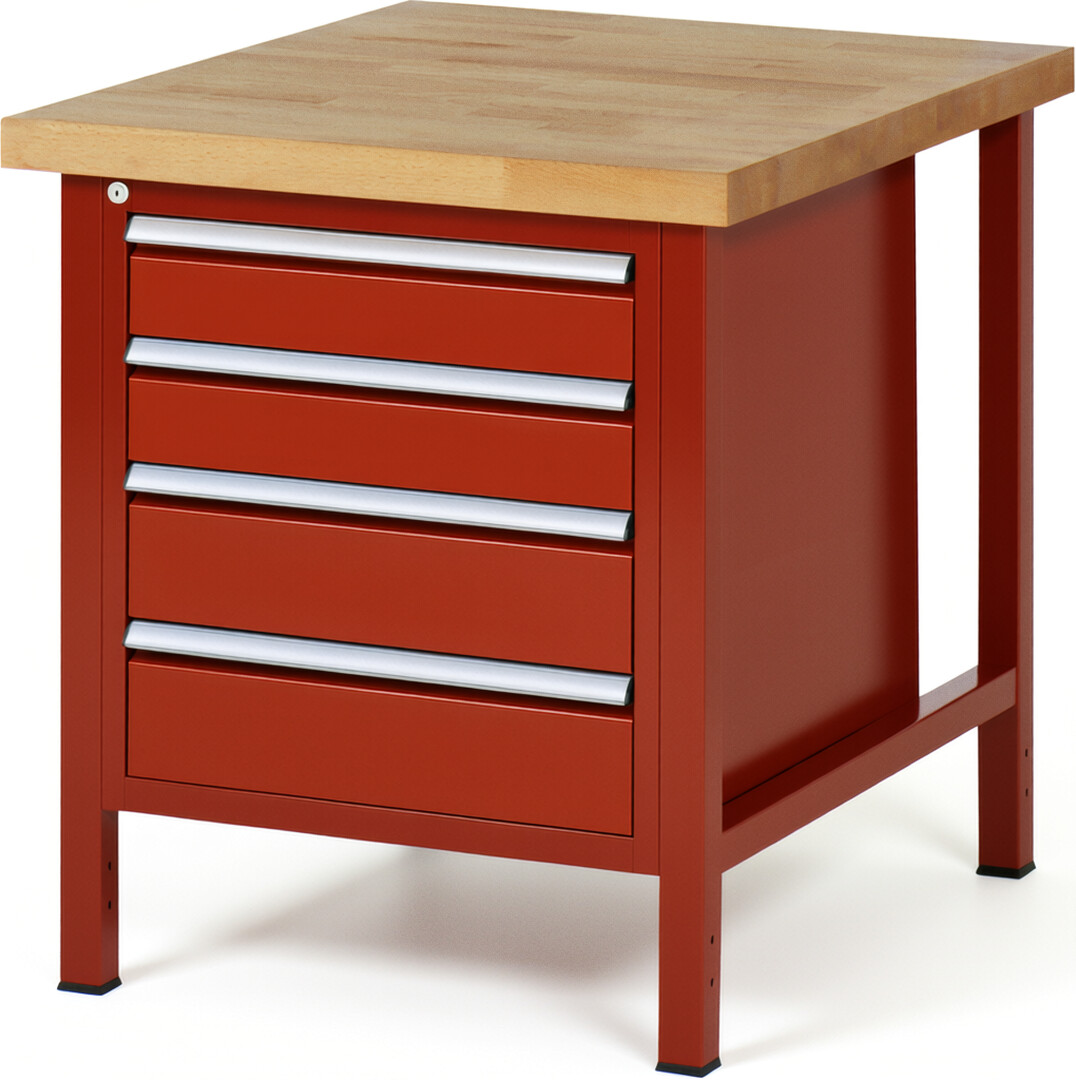 Werkbank Modell 8162 rot, BxTxH 750x900x840-1040 mm,  Buche-Massiv Arbeitsplatte 40 mm,  4 Schubladen mit  Vollauszug 100 % und  SoftClosing