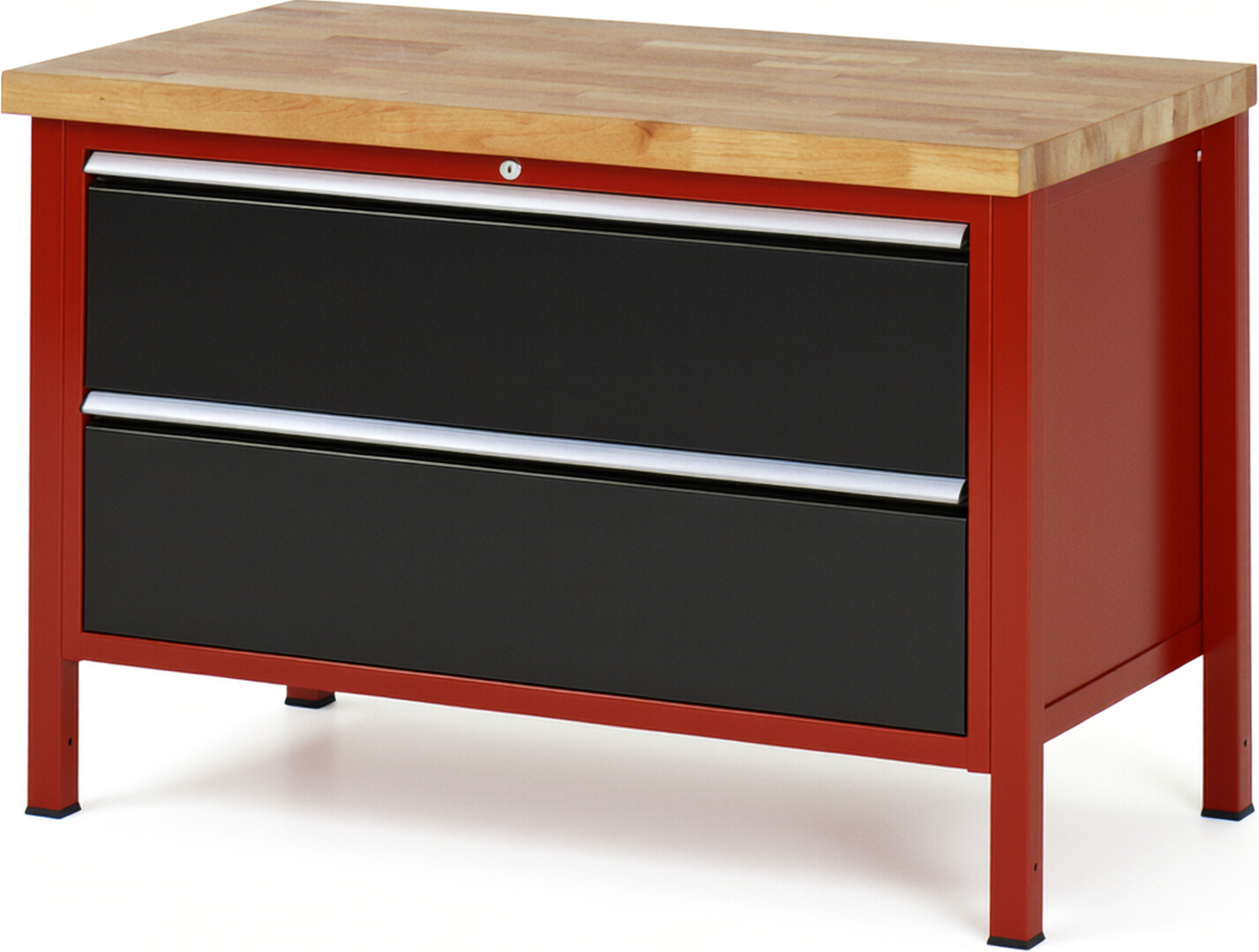 Werkbank Modell 8355 rot - schwarz, BxTxH 1250x700x840-1040 mm,  Buche-Massiv Arbeitsplatte 40 mm,  2 Schubladen mit  Auszug 90 %