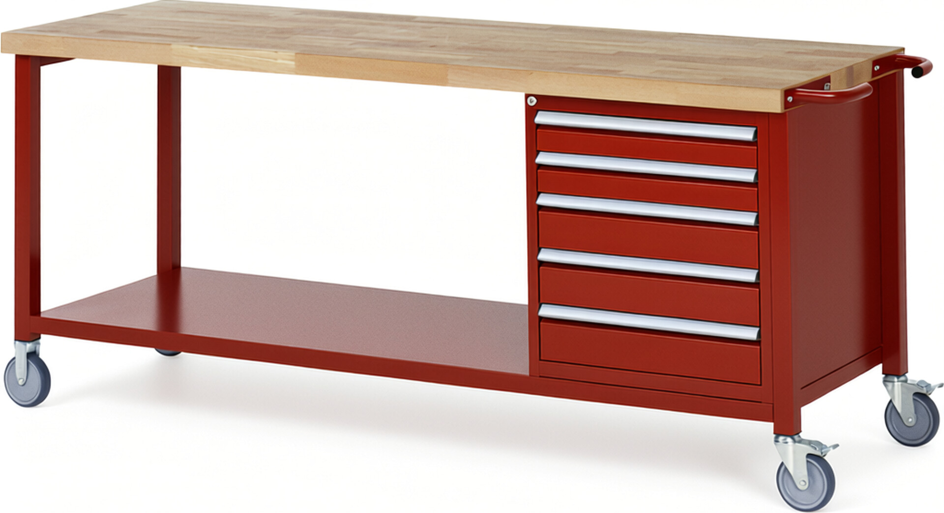 Fahrbare Werkbank Modell 8171 rot, BxTxH 2000x700x880 mm,  Buche-Massiv Arbeitsplatte 40 mm,  5 Schubladen mit  Auszug 90 %