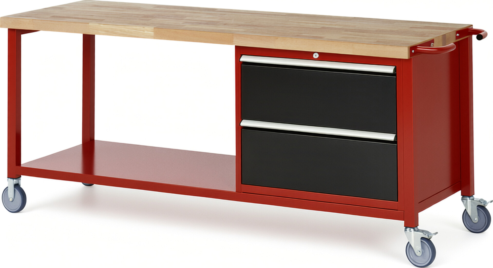 Fahrbare Werkbank Modell 8255 rot - schwarz, BxTxH 2000x700x880 mm,  Buche-Massiv Arbeitsplatte 40 mm,  2 Schubladen mit  Auszug 90 %