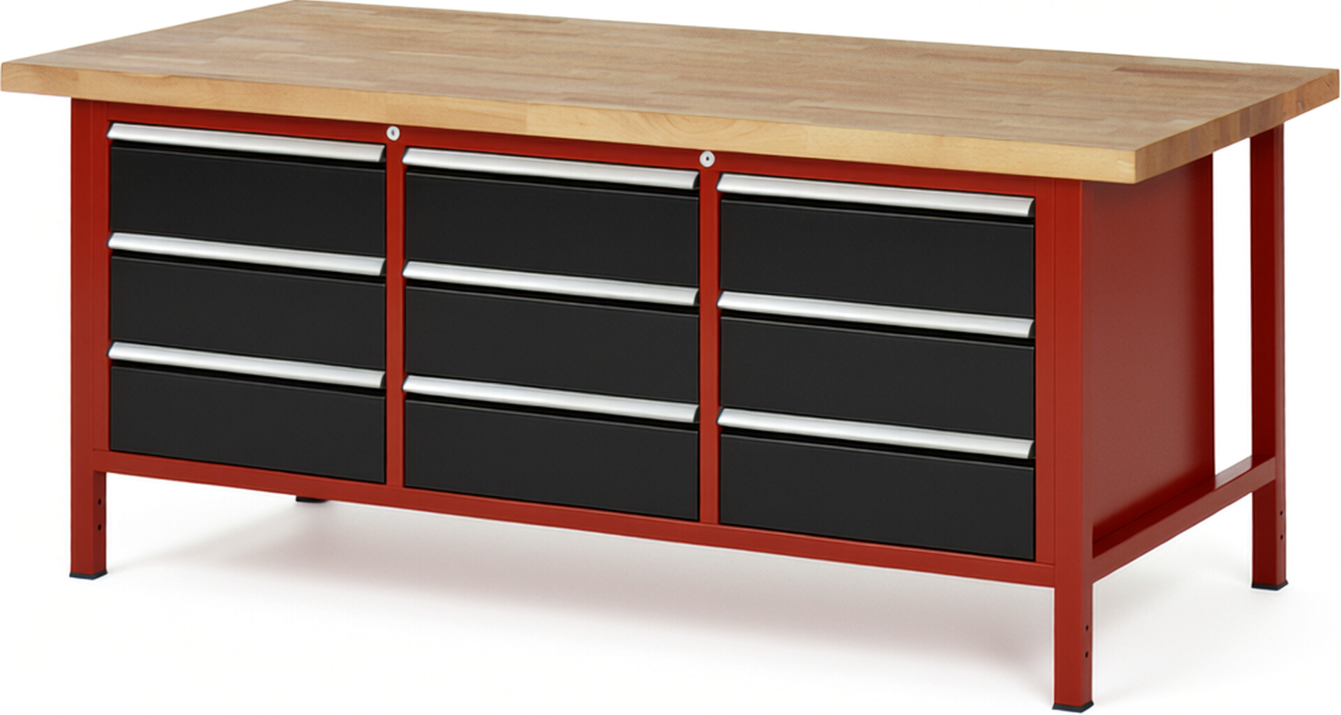 Werkbank Modell 8574 rot - schwarz, BxTxH 2000x900x840-1040 mm,  Buche-Massiv Arbeitsplatte 40 mm,  9 Schubladen mit  Vollauszug 100 % und  SoftClosing