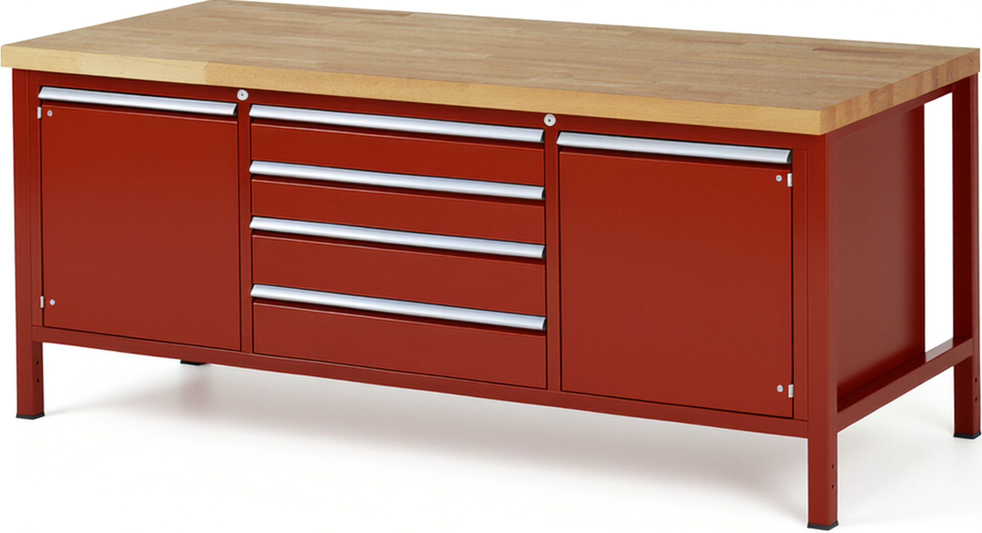 Werkbank Modell 8752 rot, BxTxH 2000x900x840-1040 mm,  Buche-Massiv Arbeitsplatte 40 mm,  4 Schubladen mit  Auszug 90 %