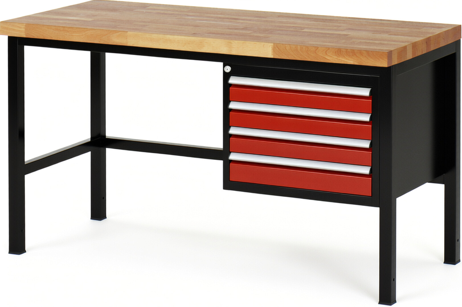 RAU Werkbank schwarz - rot - Breite 150 cm - Tiefe 70 cm - Höhe 104 cm - Buche-Massiv Arbeitsplatte 40 mm