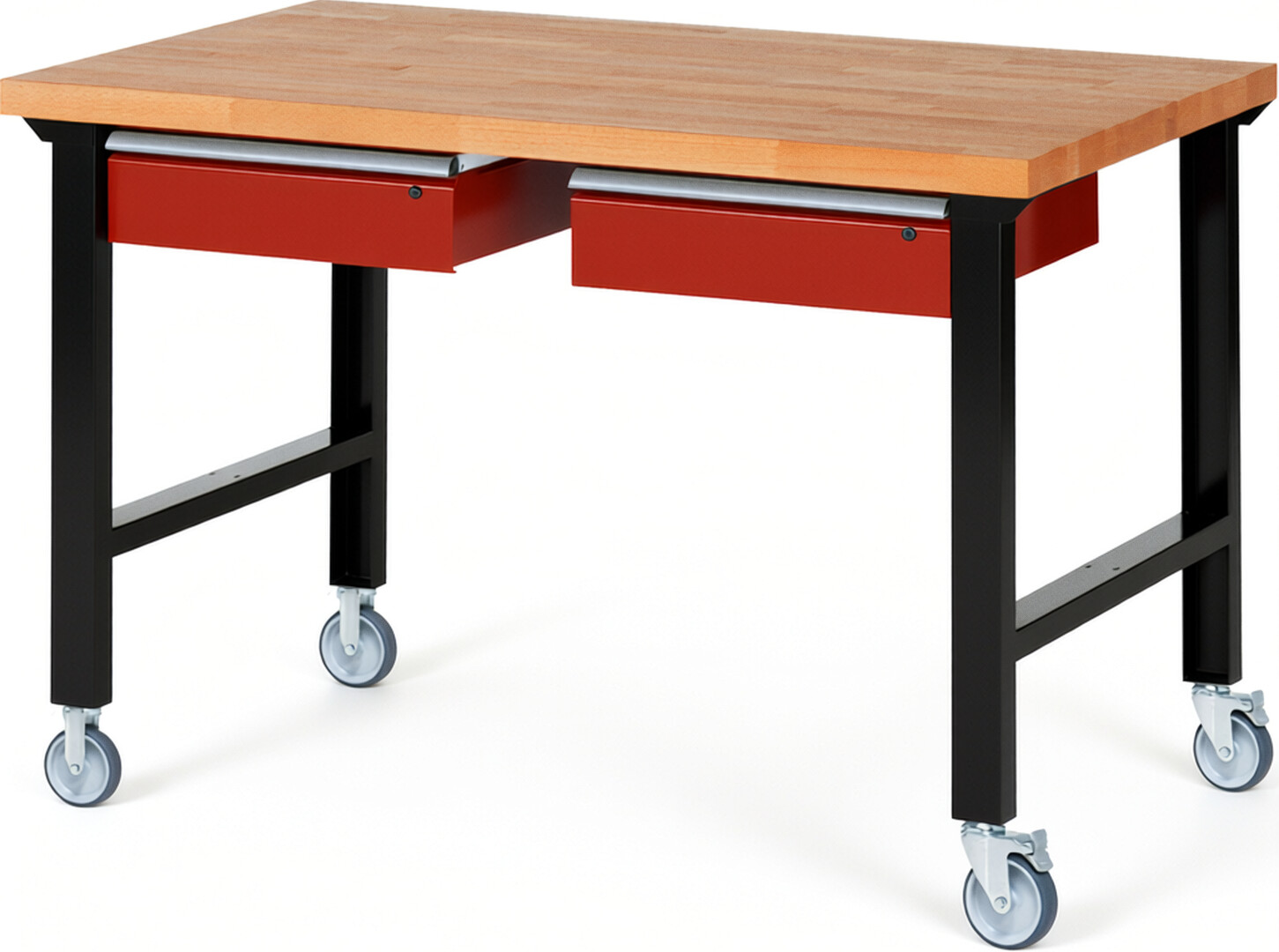 RAU Werkbank schwarz - rot - Breite 150 cm - Tiefe 90 cm - Höhe 100 cm - Buche-Massiv Arbeitsplatte 40 mm