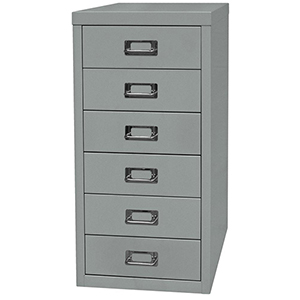 Schubladenschrank aus Stahl, BxTxH 279x380x590 mm, 6 Schubladen 87 mm, DIN A4, silber