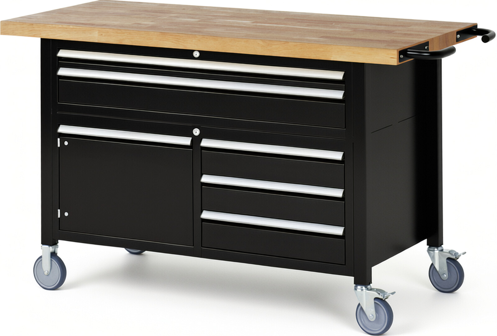 Fahrbare Werkbank Modell 8922 schwarz, BxTxH 1500x700x920-1120 mm,  Buche-Massiv Arbeitsplatte 40 mm,  5 Schubladen mit  Vollauszug 100 % und  SoftClosing