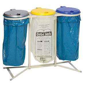 Müllsackständer, Abfallsammler 3-Fach, mit Füßen, kieselgrau,Deckel silber, gelb und blau aus Kunststoff, BxTxH 1200x500x980 mm