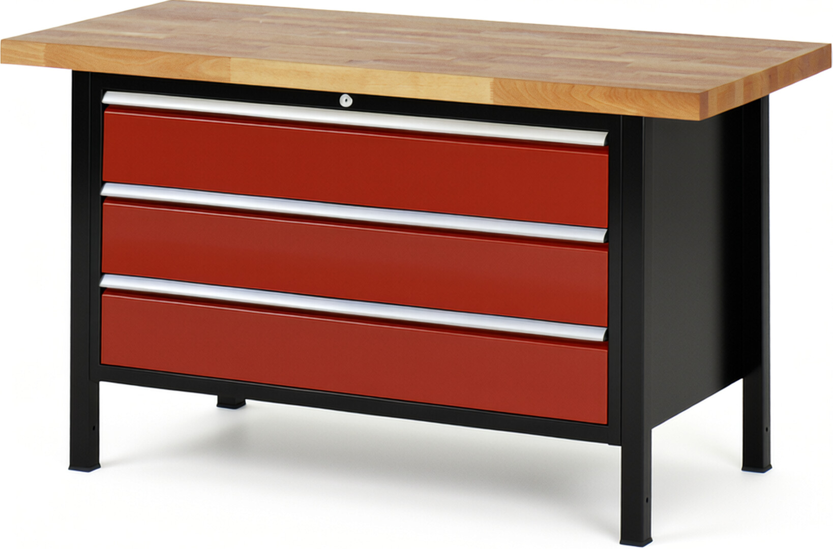 Werkbank Modell 8357 schwarz-rot, BxTxH 1500x700x840 mm,  Buche-Massiv Arbeitsplatte 40 mm,  3 Schubladen mit  Auszug 90 %
