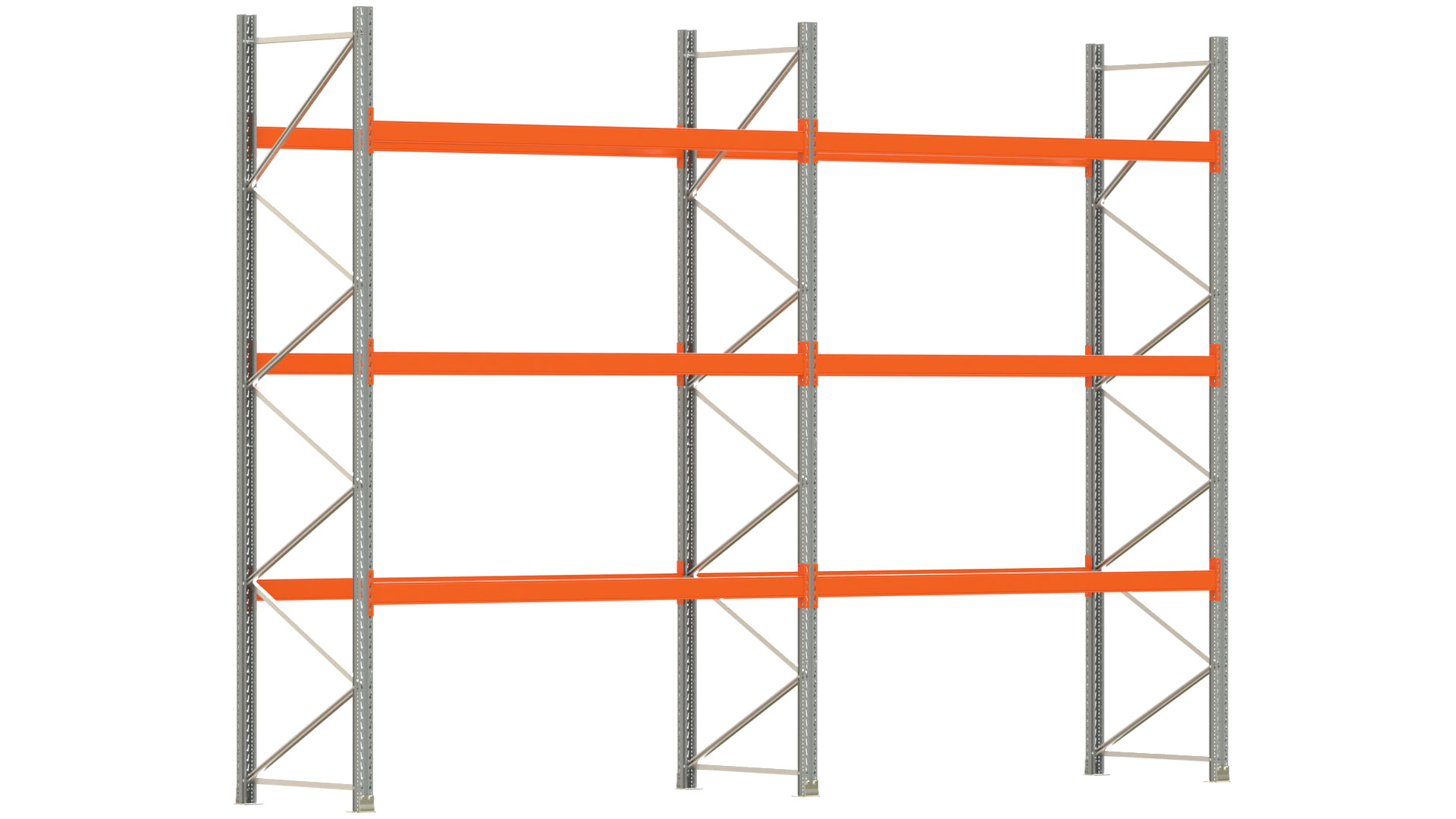Palettenregal ARTUS - Breite 565,5 cm - Höhe 400 cm - Tiefe 110 cm - 3 Träger-Ebenen - max. Fachlast 2100 kg - 24 Palettenstellplätze