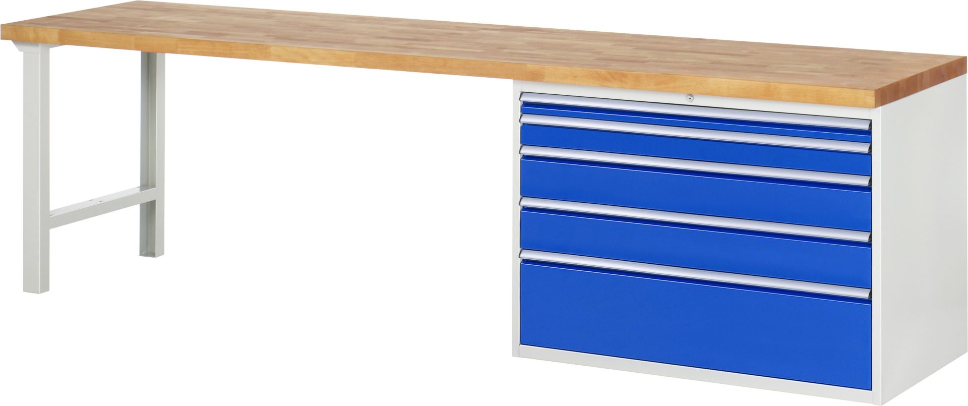 Werkbank Modell 7711 rot - schwarz, BxTxH 3000x700x840 mm,  Buche-Massiv Arbeitsplatte 40 mm,  5 Schubladen mit  Vollauszug 100 % und  SoftClosing