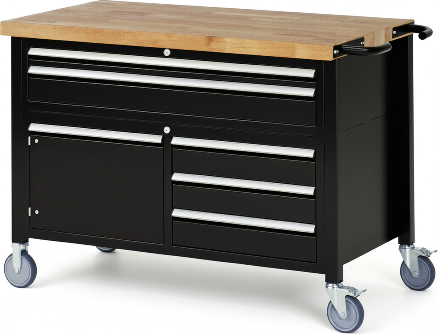 Fahrbare Werkbank Modell 8922 schwarz, BxTxH 1250x700x920 mm,  Buche-Massiv Arbeitsplatte 40 mm,  5 Schubladen mit  Vollauszug 100 % und  SoftClosing