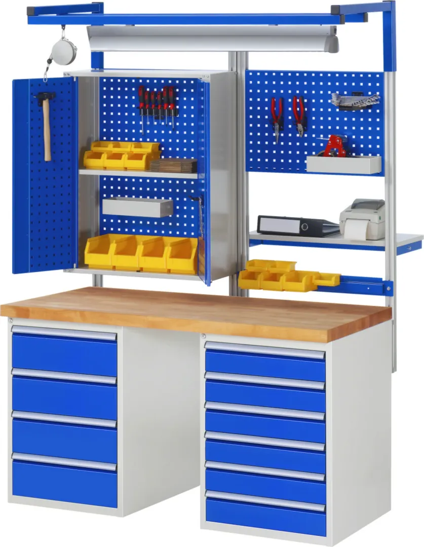 Werkbank Modell 7820,  BxTxH 1500x900x840 mm,  Buche-Massiv Arbeitsplatte 40 mm,  8 Schubladen mit  Auszug 90 %