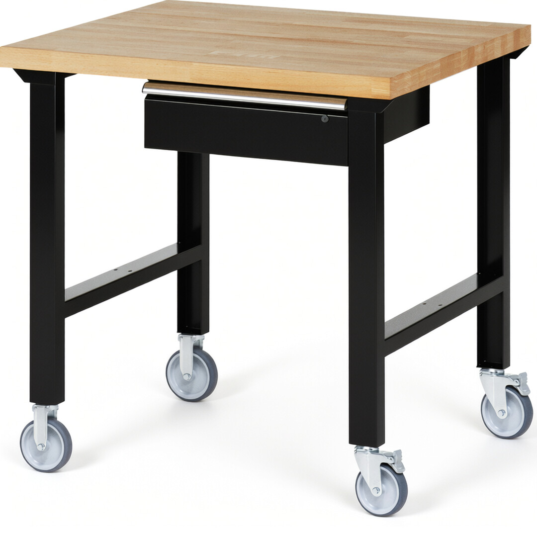 RAU Werkbank schwarz - Breite 100 cm - Tiefe 90 cm - Höhe 100 cm - Buche-Massiv Arbeitsplatte 40 mm