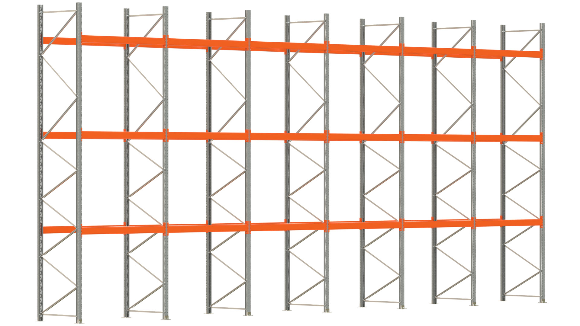 Palettenregal ARTUS - Breite 1199,5 cm - Höhe 550 cm - Tiefe 110 cm - 3 Träger-Ebenen - max. Fachlast 2000 kg - 48 Palettenstellplätze