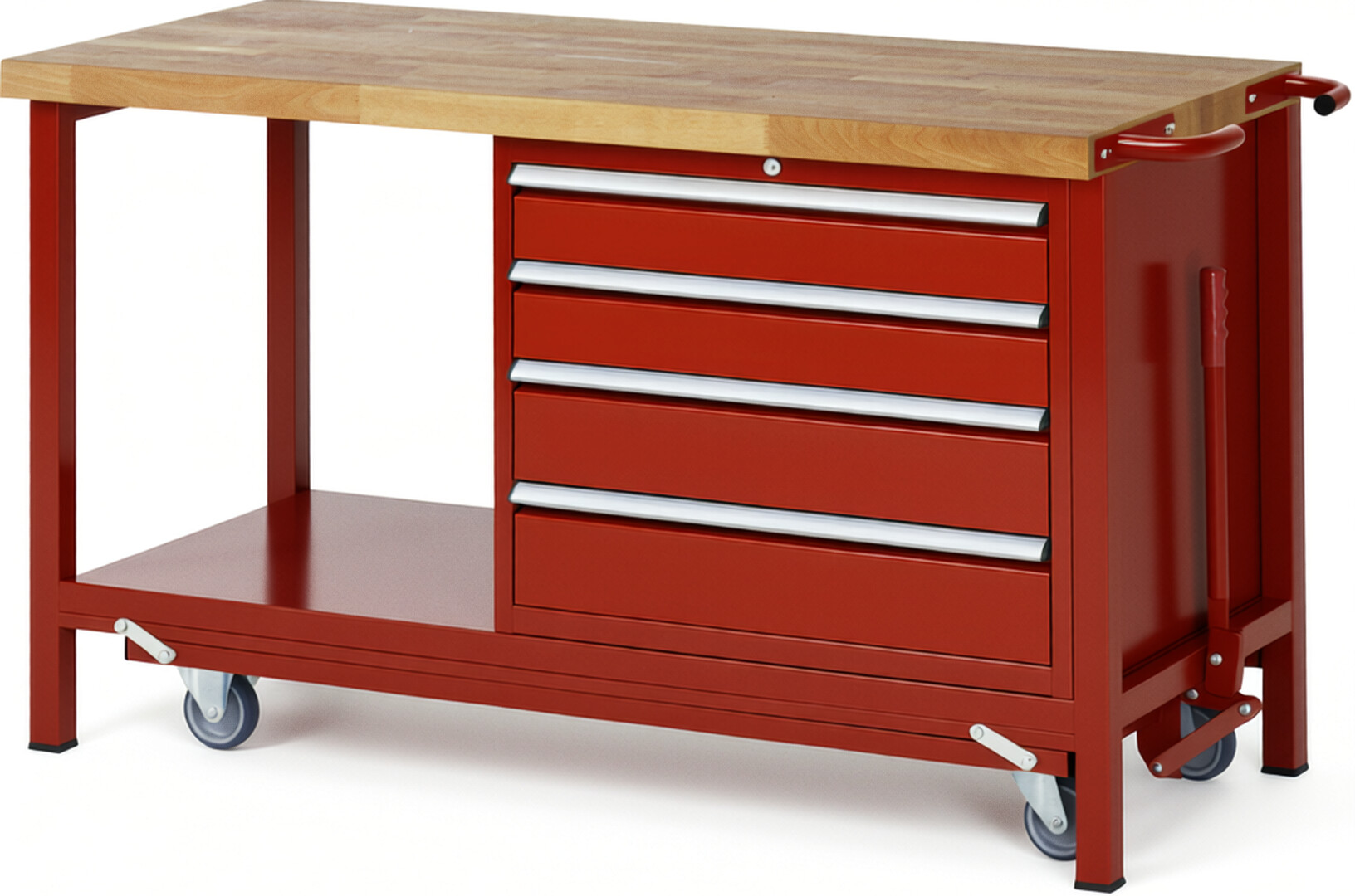 Absenkbare Werkbank Modell 8262 rot, BxTxH 1500x700x880 mm,  Buche-Massiv Arbeitsplatte 40 mm,  4 Schubladen mit  Auszug 90 %