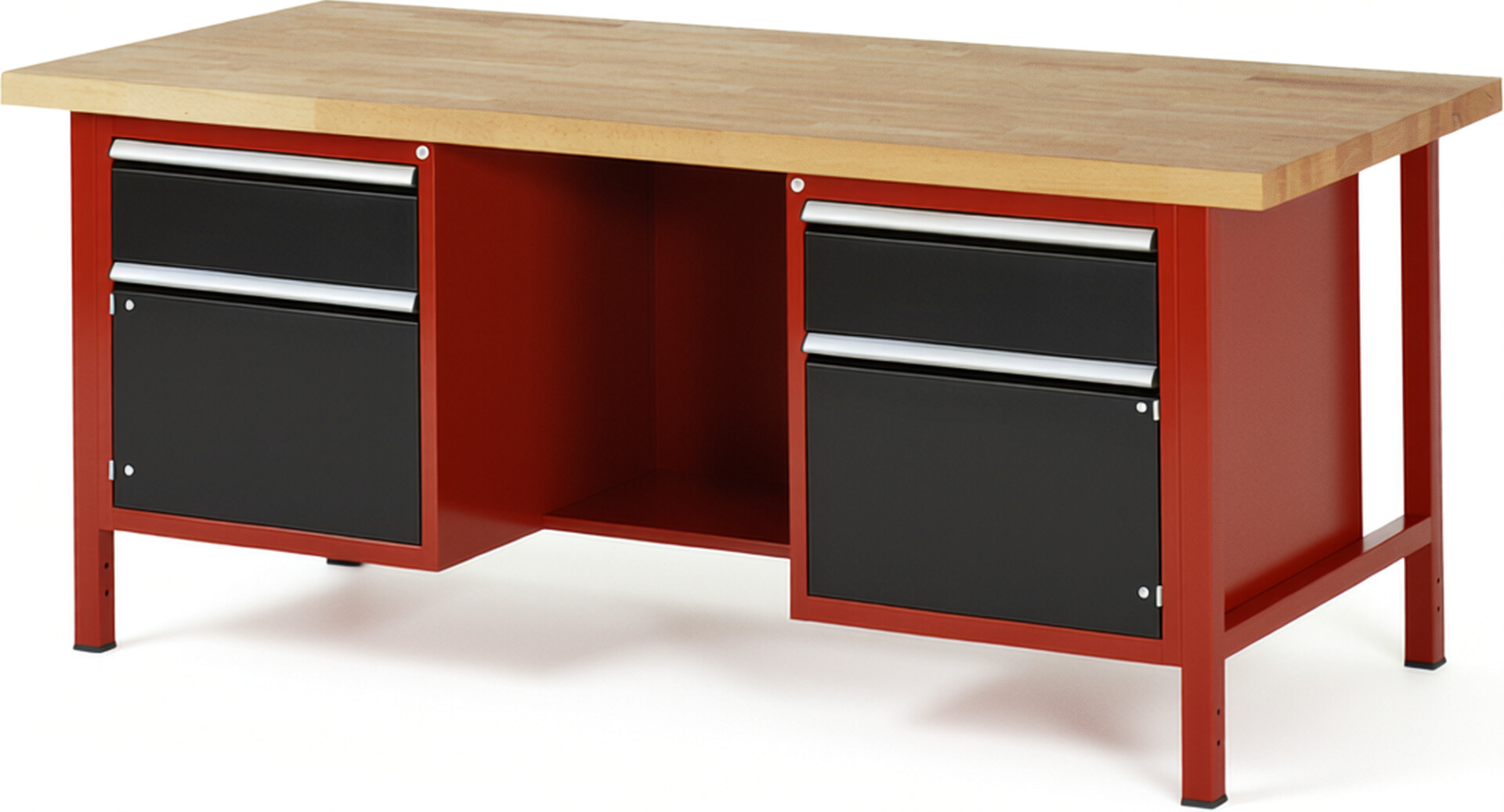 Werkbank Modell 8551 rot - schwarz, BxTxH 2000x900x840 mm,  Buche-Massiv Arbeitsplatte 40 mm,  2 Schubladen mit  Vollauszug 100 % und  SoftClosing