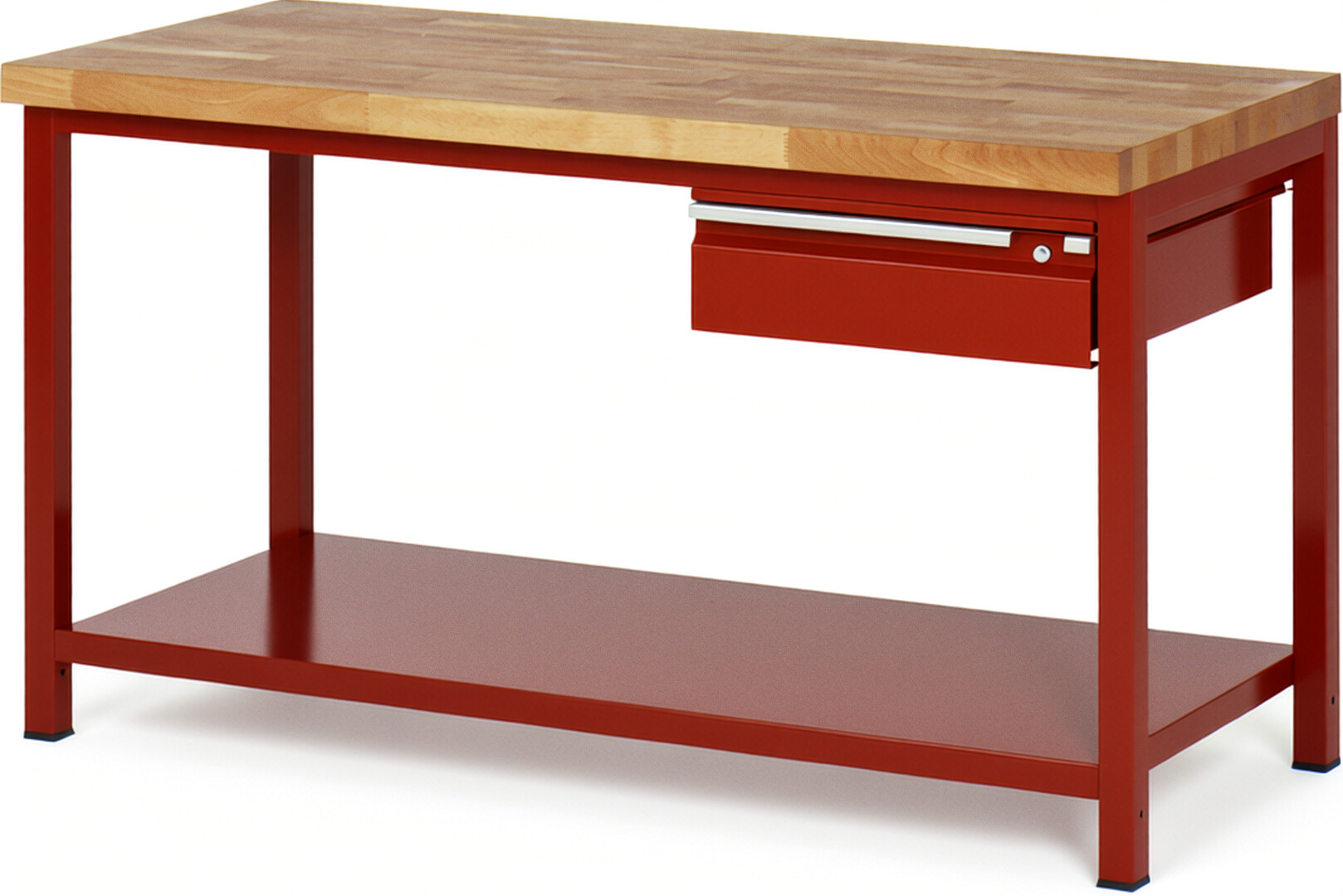 Werkbank rot, BxTxH 1500x700x840-1040 mm, Platte Buche 40 mm, inkl. Stahlblech-Ablageboden, 1x 150 mm Hängeschublade, RAL 3000/3000