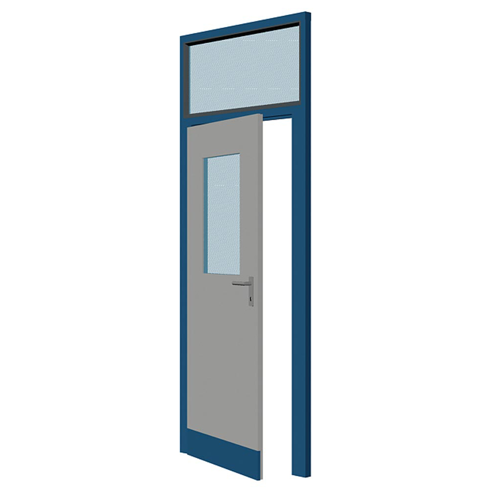 Sichtwandelement, Tür mit Fenster, Breite 1000 mm, RAL 9002 grauweiß, Rahmen RAL 5010 enzianblau