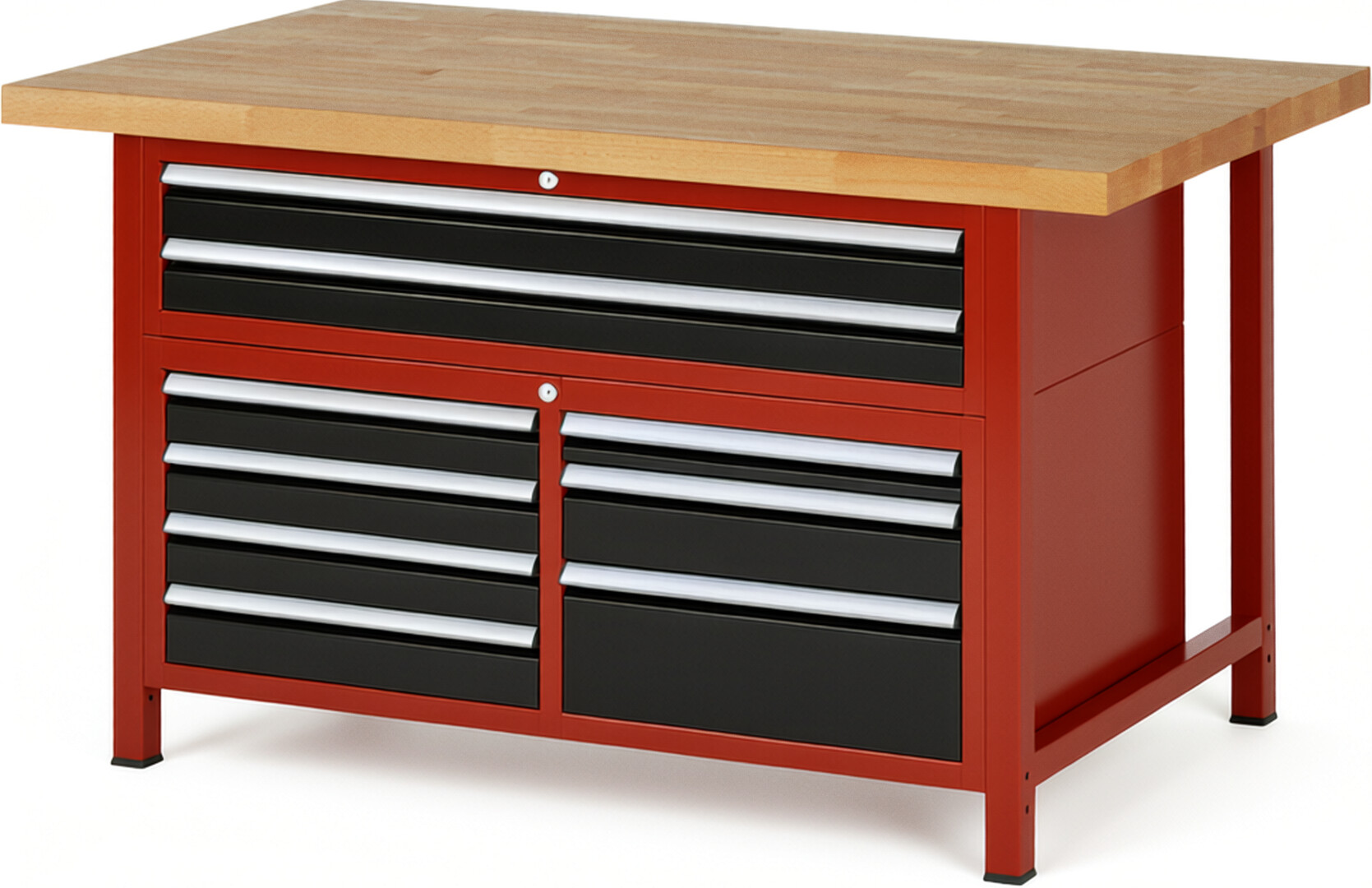 RAU Werkbank rot - schwarz - Breite 150 cm - Tiefe 90 cm - Höhe 104 cm - Buche-Massiv Arbeitsplatte 40 mm