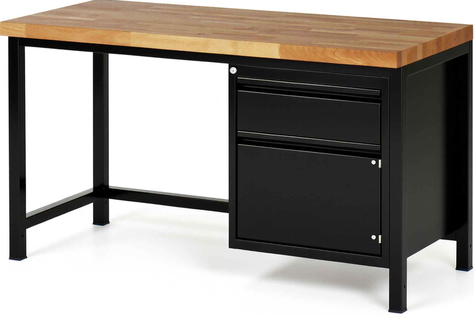 Werkbank schwarz, BxTxH 1500x700x840-1040 mm, Platte Buche 40 mm, 1 Schublade 180 mm, 1 Tür 360 mm, RAL 9011/9011