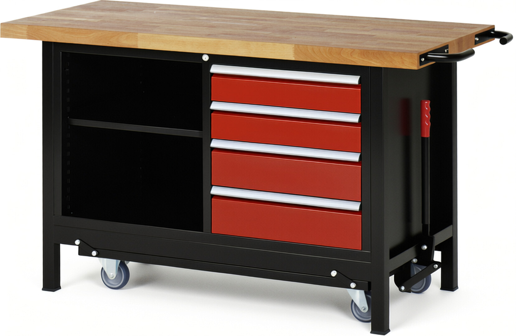 RAU Werkbank schwarz - rot - Breite 150 cm - Tiefe 70 cm - Höhe 88 cm - Buche-Massiv Arbeitsplatte 40 mm