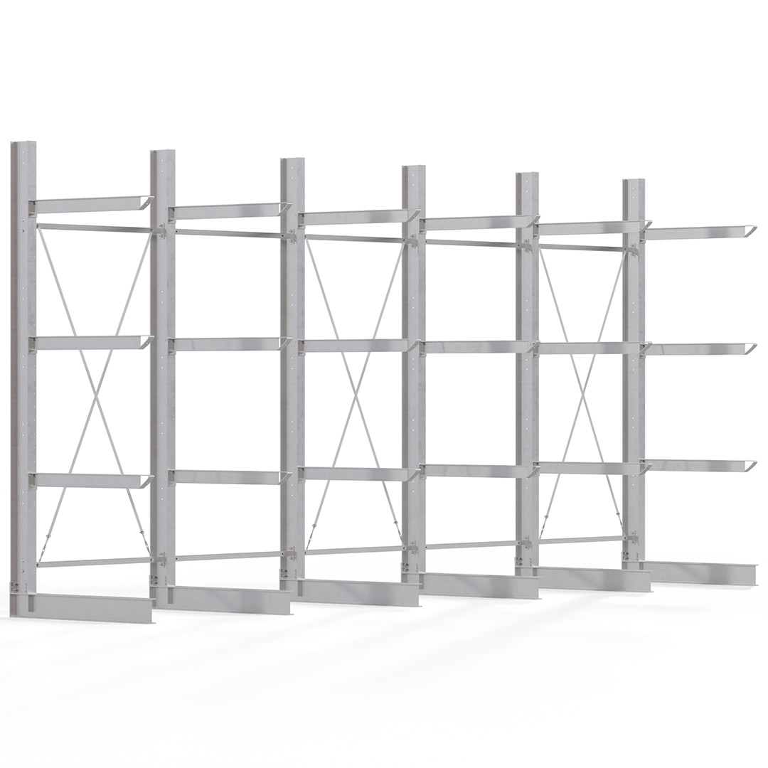 Kragarmregal KARL heavy - feuerverzinkt - Breite: 750 cm - Höhe: 350 cm - Tiefe: 120 cm - Traglast je Kragarm: 800 kg - einseitig