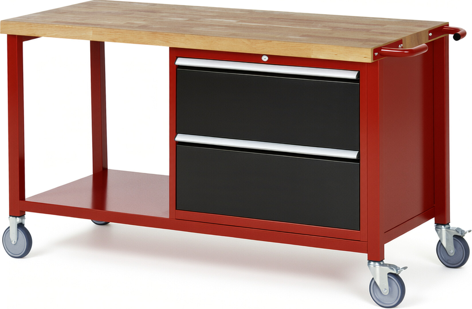 Fahrbare Werkbank Modell 8255 rot - schwarz, BxTxH 1500x700x880 mm,  Buche-Massiv Arbeitsplatte 40 mm,  2 Schubladen mit  Auszug 90 %
