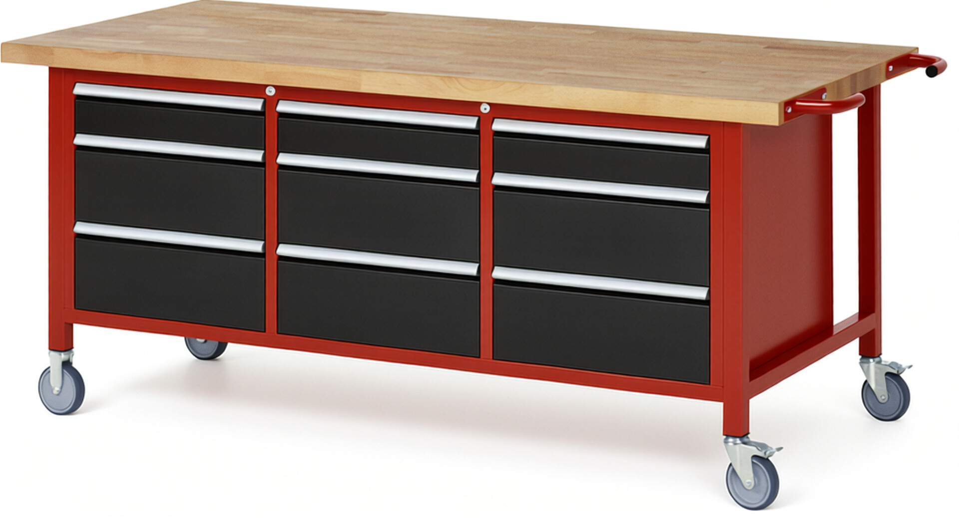 Fahrbare Werkbank Modell 8573 rot - schwarz, BxTxH 2000x900x880-1080 mm,  Buche-Massiv Arbeitsplatte 40 mm,  9 Schubladen mit  Auszug 90 %